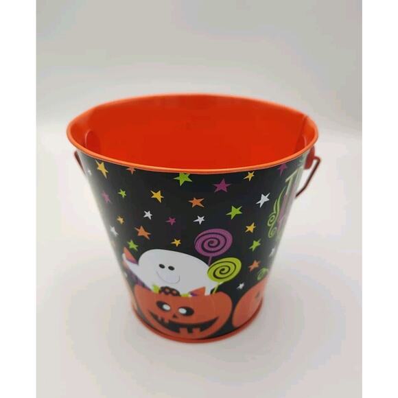 Halloween Metal Pail Jack o Lantern Handle Trick or Treat Pumpkins 5" Greenbrier - Picture 2 of 4
